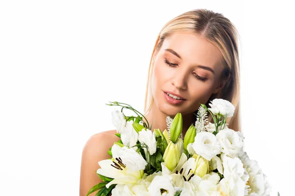 Hermosa Mujer Rubia Soñadora Con Flores Aisladas Blanco —  Fotos de Stock