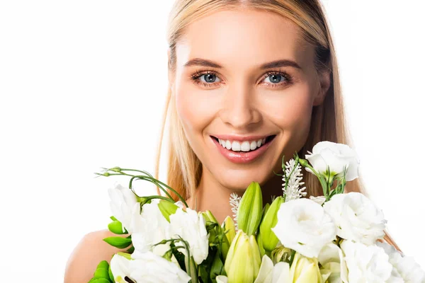 Hermosa Mujer Rubia Sonriente Con Flores Aisladas Blanco —  Fotos de Stock