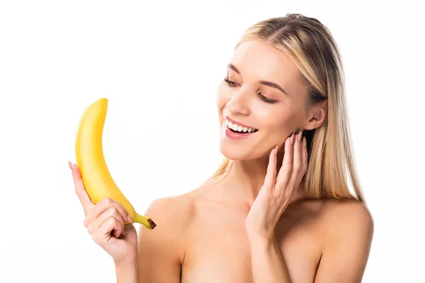 Hermosa Sonriente Mujer Desnuda Sosteniendo Plátano Aislado Blanco — Foto de Stock