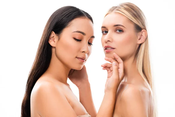 Tender Asian Brunette Naked Woman Touching Blonde Girl Face Isolated — Stock Photo, Image