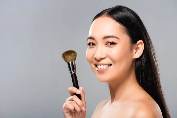 Cheerful Beautiful Naked Asian Woman Cosmetic Brush Isolated Grey — Stock Photo, Image