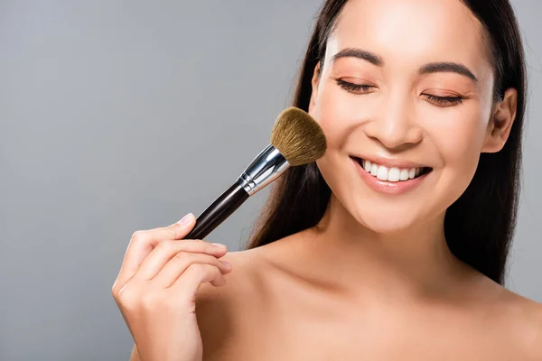 Happy Naked Asian Woman Cosmetic Brush Isolated Grey — Stock Photo, Image