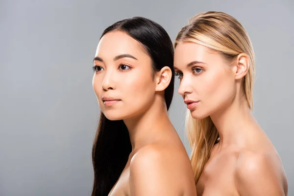 Side View Beautiful Blonde Asian Brunette Naked Women Isolated Grey — Stock Photo, Image
