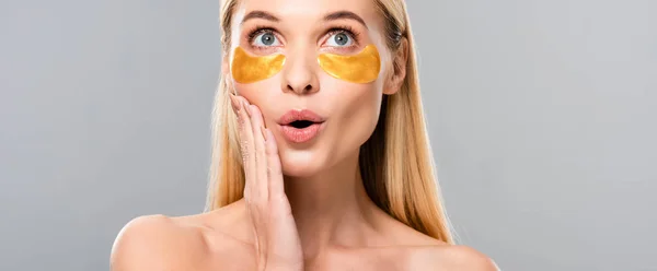 Panoramic Shot Shocked Naked Blonde Young Woman Eye Patches Isolated — Stock Photo, Image