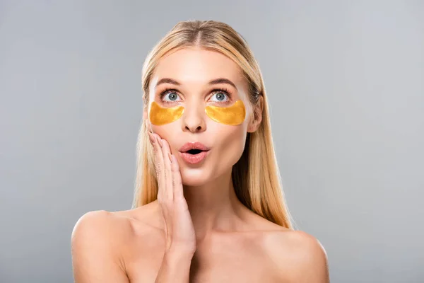 Shocked Naked Blonde Young Woman Eye Patches Isolated Grey — Stock Photo, Image