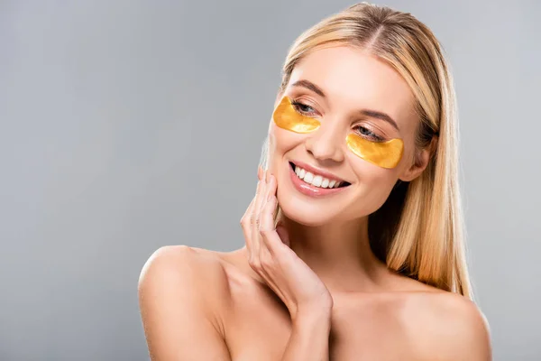 Happy Naked Blonde Young Woman Eye Patches Looking Away Isolated — Stock Photo, Image