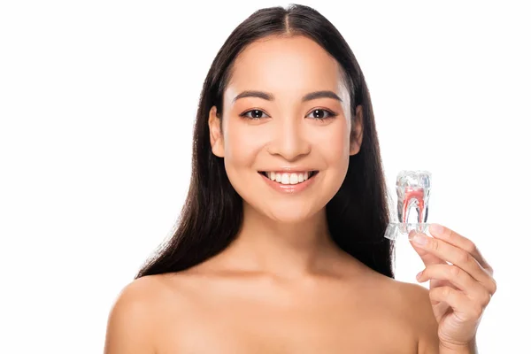 Feliz Asiático Mulher Com Dente Modelo Isolado Branco — Fotografia de Stock