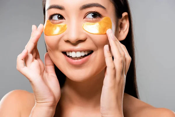 Smiling Naked Asian Woman Eye Patches Face Looking Away Isolated — Stock Photo, Image