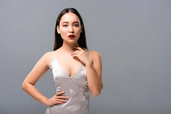 Attractive Asian Woman Satin Dress Red Lips Posing Isolated Grey — Stock Photo, Image