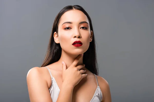 Sexy Asian Woman Satin Dress Red Lips Touching Neck Isolated — Stock Photo, Image