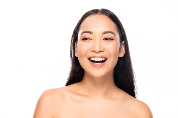 Lachen Mooie Aziatische Vrouw Met Witte Tanden Geïsoleerd Wit — Stockfoto