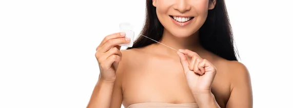 Partial View Smiling Woman Dental Floss Isolated White — Stock Photo, Image