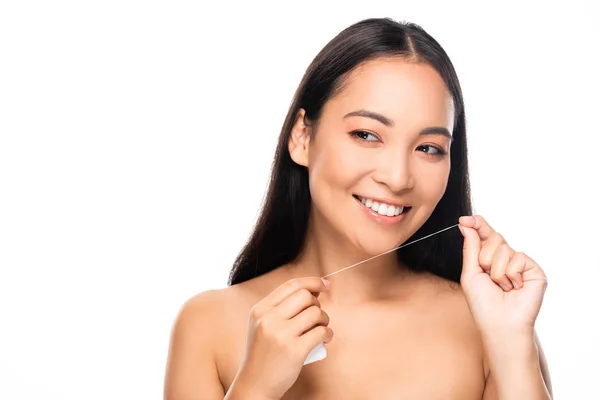 Lachende Aziatische Naakte Vrouw Met Tandheelkundige Floss Geïsoleerd Wit — Stockfoto