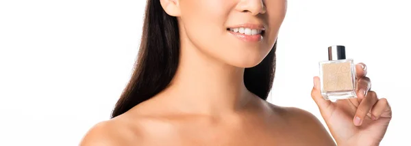 Beskuren Syn Naken Vacker Asiatisk Kvinna Som Innehar Parfym Isolerad — Stockfoto