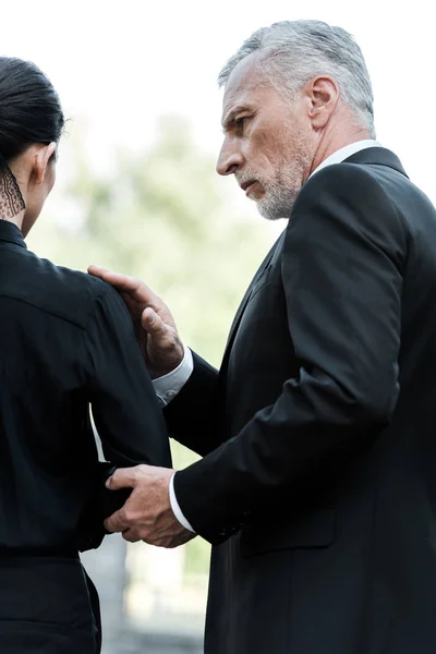 Bearded Man Touching Hand Woman Funeral — Stock Photo, Image