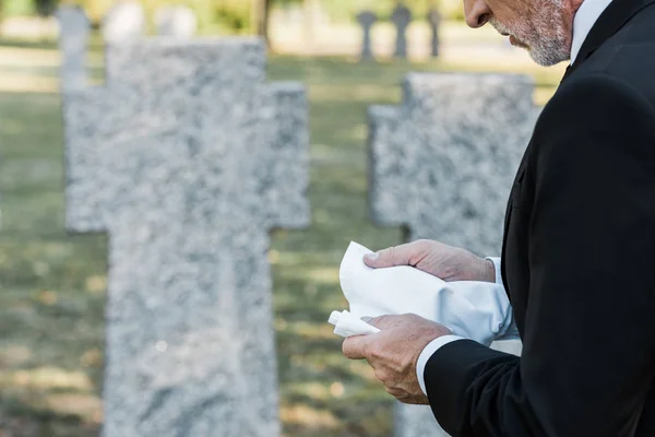 Cropped View Senior Man Holding Handkerchief Hands Graveyard — Stock Photo, Image