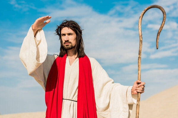 bearded jesus holding wooden cane against blue sky 