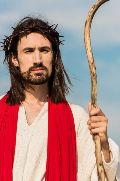 bearded man holding wooden cane against blue sky 