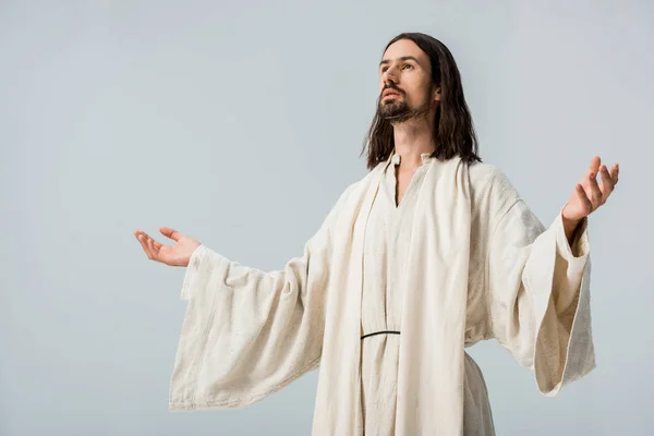 Hombre Vestido Jesus Con Las Manos Extendidas Aisladas Gris — Foto de Stock