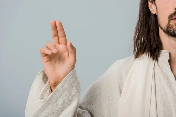 Vista Recortada Del Hombre Religioso Gesto Aislado Gris — Foto de Stock