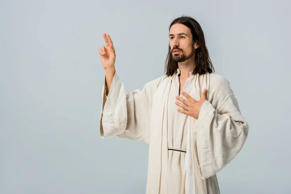 Bearded Man Praying While Gesturing Isolated Grey — Stock Photo, Image