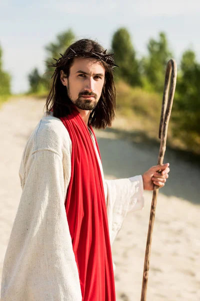 Homem Grinalda Com Picos Segurando Cana Deserto — Fotografia de Stock