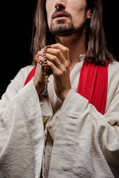 Vista Recortada Del Hombre Religioso Sosteniendo Cuentas Rosario Aisladas Gris — Foto de Stock