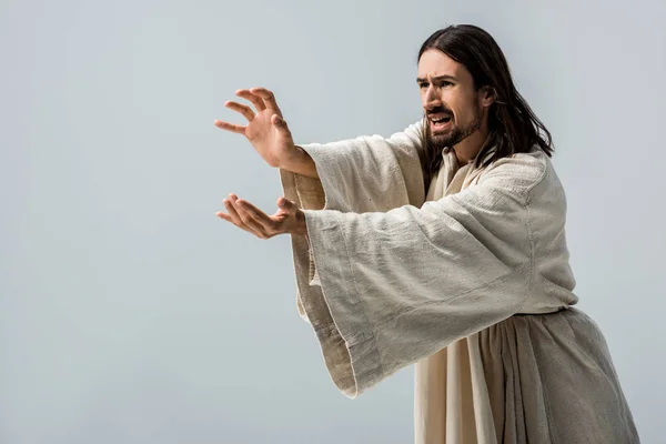 Hombre Religioso Asustado Gesto Aislado Gris — Foto de Stock