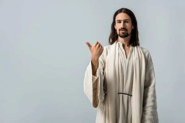 Happy Bearded Man Jesus Robe Showing Thumb Isolated Grey — Stock Photo, Image