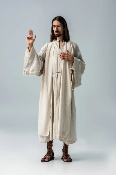 Handsome Man Praying Hand Chest Grey — Stock Photo, Image