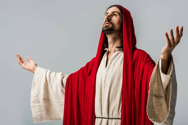 Bearded Man Red Hood Praying Outstretched Hands Isolated Grey — Stock Photo, Image