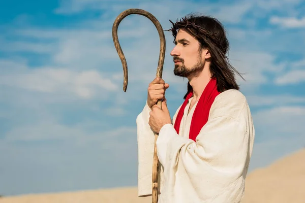 Handsome Man Wreath Holding Wooden Cane Desert — Stock Photo, Image