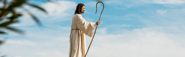 Panoramic Shot Man Holding Wooden Cane Desert — Stock Photo, Image