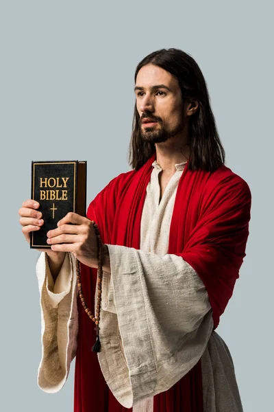 Bearded Man Holding Rosary Beads Holy Bible Isolated Grey — Stock Photo, Image