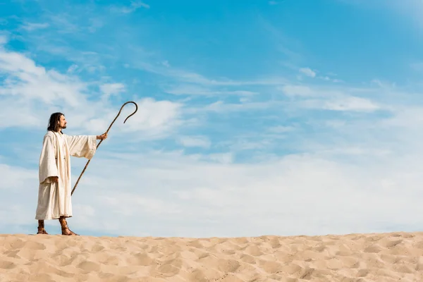 Όμορφος Άντρας Που Κρατά Ξύλινο Μπαστούνι Και Στέκεται Στην Έρημο — Φωτογραφία Αρχείου