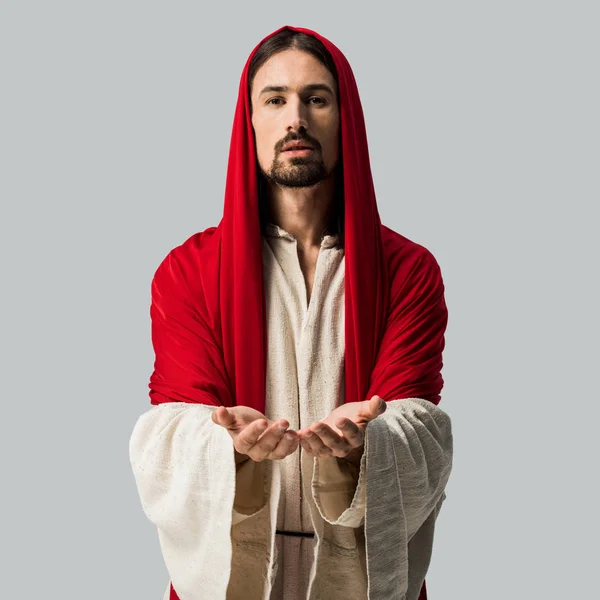 Religious Man Standing Cupped Hands Looking Camera Isolated Grey — Stock Photo, Image
