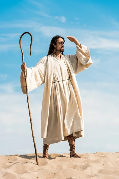 Bonito Barbudo Homem Segurando Madeira Cana Deserto — Fotografia de Stock