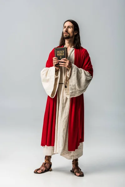 Handsome Religious Man Holding Holy Bible Grey — Stock Photo, Image