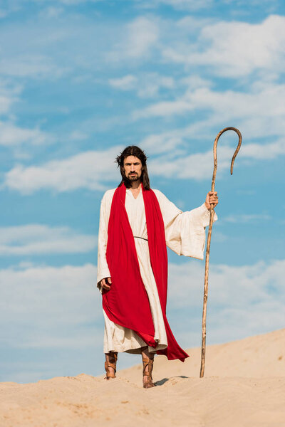 handsome bearded man holding wooden cane and walking in desert against sky