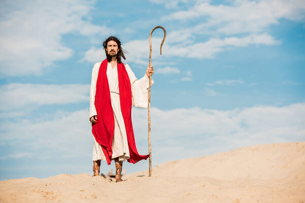 bearded and handsome man walking with wooden cane in desert 