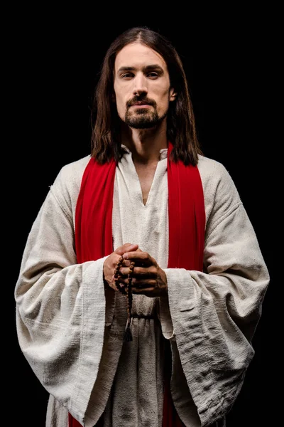 Handsome Man Holding Rosary Beads Looking Camera Isolated Black — Stock Photo, Image