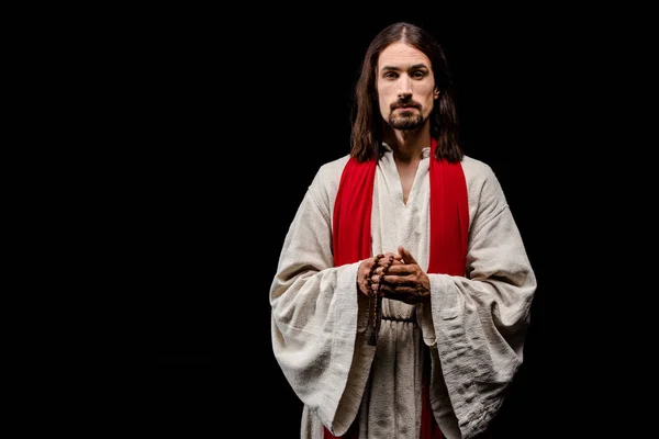 Handsome Man Holding Rosary Beads Isolated Black — Stock Photo, Image