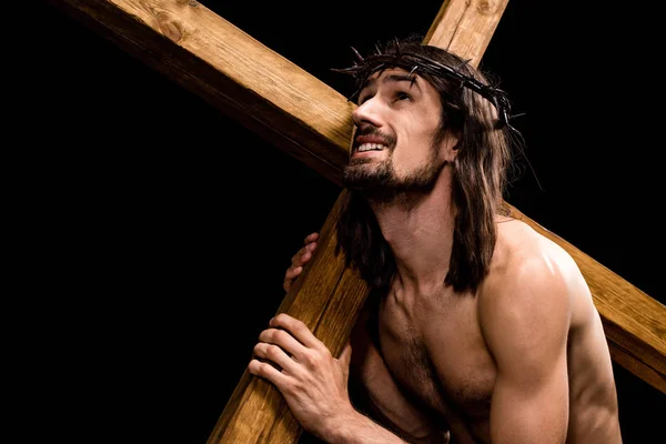 Bearded Shirtless Man Wreath Holding Cross Isolated Black — Stock Photo, Image