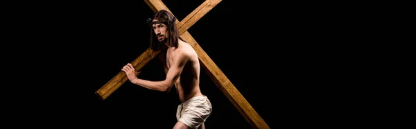 십자가를 화환에 셔츠없는 예수의 파노라마 — 스톡 사진