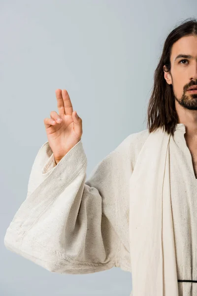 Vista Recortada Del Hombre Barbudo Túnica Jesus Gesto Aislado Gris — Foto de Stock