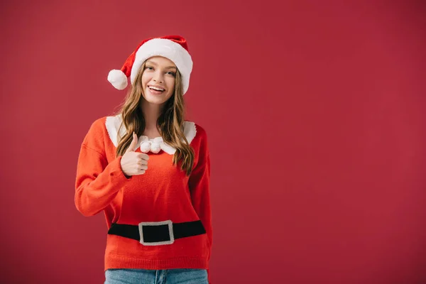 Attractive Woman Santa Hat Sweater Showing Thumb Isolated Red — Stock Photo, Image