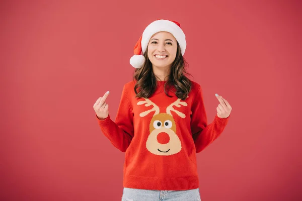 Mujer Atractiva Sonriente Sombrero Santa Suéter Que Muestra Los Dedos — Foto de Stock