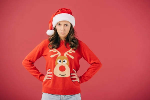 Attraktive Und Traurige Frau Weihnachtsmütze Und Pullover Mit Den Händen — Stockfoto