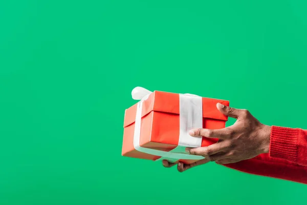 Cropped View African American Man Holding Red Gift Box White — Stock Photo, Image