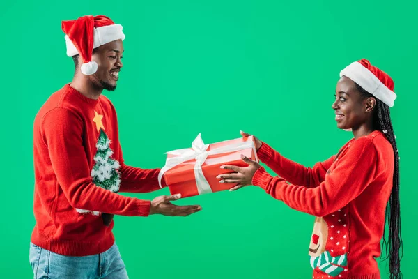 Side View African American Man Red Christmas Sweater Getting Gift — Stock Photo, Image